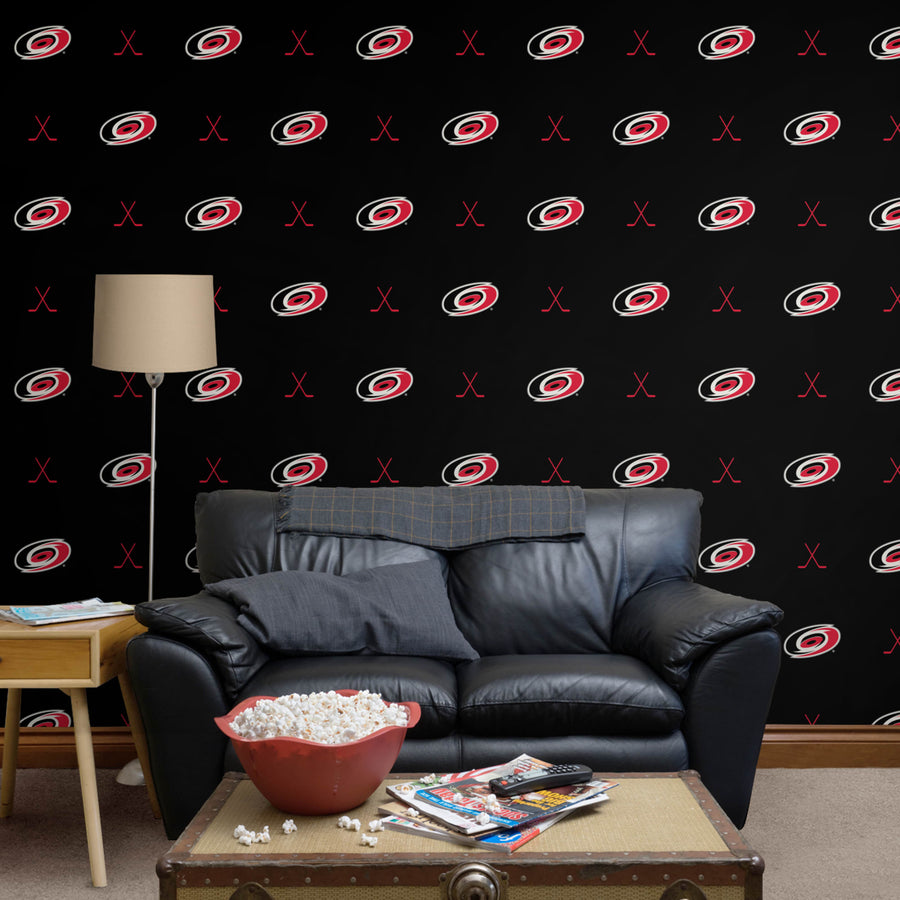 Carolina Hurricanes (Black) - Sticks Pattern - Peel & Stick Wallpaper - Official NHL - Reusable Vinyl Wall Decals