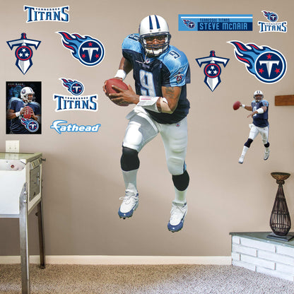 Life-Size Athlete + 11 Decals (50"W x 76"H) It's not a stretch to suggest that Tennessee's Steve "Air" McNair revolutionized the quarterback position. Drafted out of tiny Alcorn State, the Mississippi native emerged as one of the NFL's first dual-threat QBs, hurting AFC South opponents as much with his feet as with his arm. Now you can honor the former NFL MVP with a Titans Legend Removable Wall Decal. Easy to attach and safe for walls, the decal is a perfect choice for a bedroom or media room.