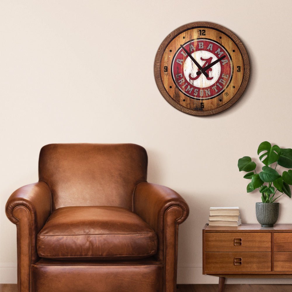 Alabama Crimson Tide: School Seal - Weathered "Faux" Barrel Top Wall Clock - The Fan-Brand