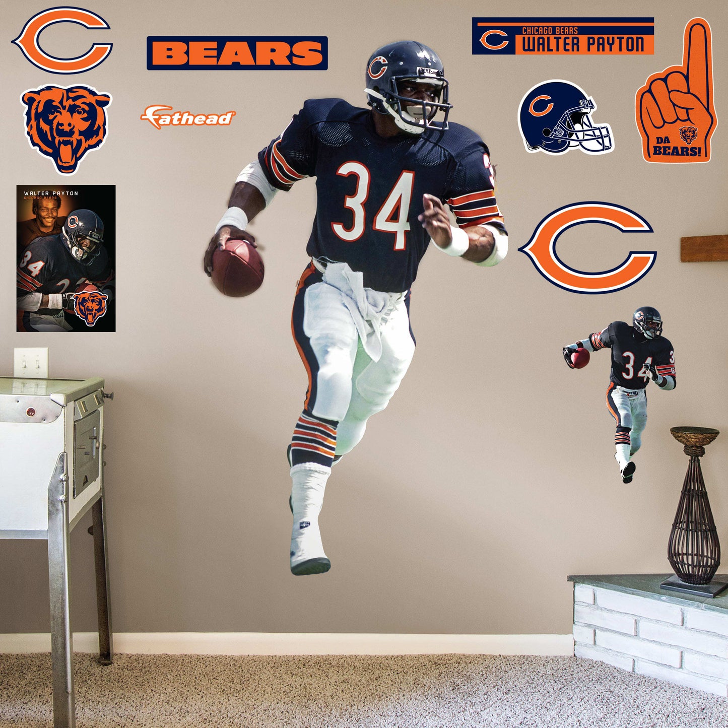 Life-Size Athlete + 9 Decals (44"W x 77"H) They called him Sweetness, a player whose heart was as big as his talent. A 9-time Pro Bowler and 1985 Super Bowl champion, Walter Payton widely is regarded as one of the greatest running backs of all time. Now fans of Da Bears can honor the late Hall of Famer with a removable wall decal set. Perfect for a bedroom or bonus room, the heavy-duty vinyl decals are easy to attach and remove. Bear down!