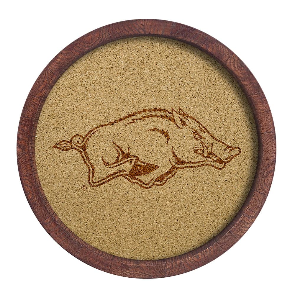 Arkansas Razorbacks: "Faux" Barrel Framed Cork Board Monochrome Logo