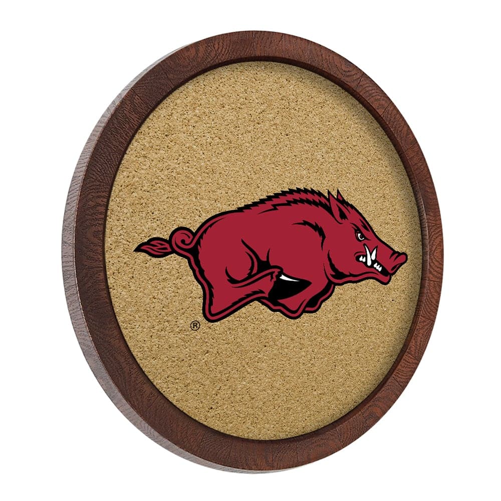 Arkansas Razorbacks: "Faux" Barrel Framed Cork Board Color Logo