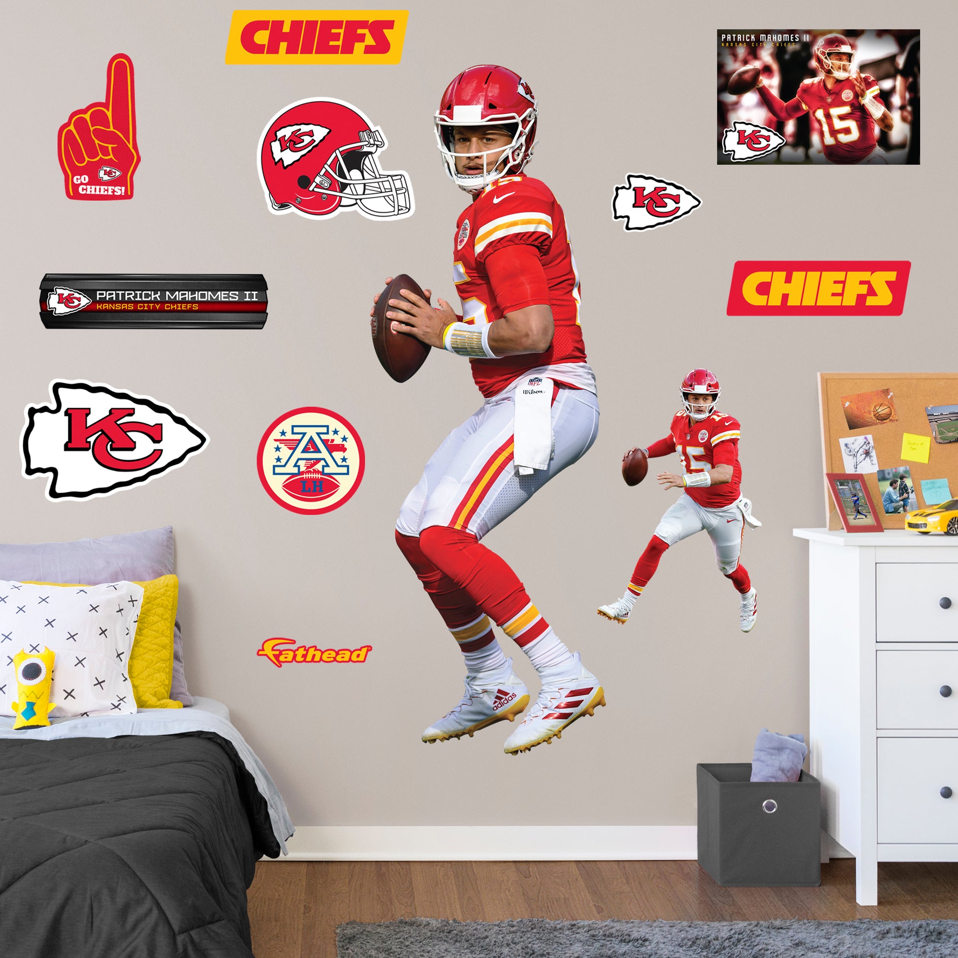 Life-Size Athlete + 11 Decals (26"W x 76"H) Bring the action of the NFL into your home with a wall decal of Patrick Mahomes! High quality, durable, and tear resistant, you'll be able to stick and move it as many times as you want to create the ultimate football experience in any room!