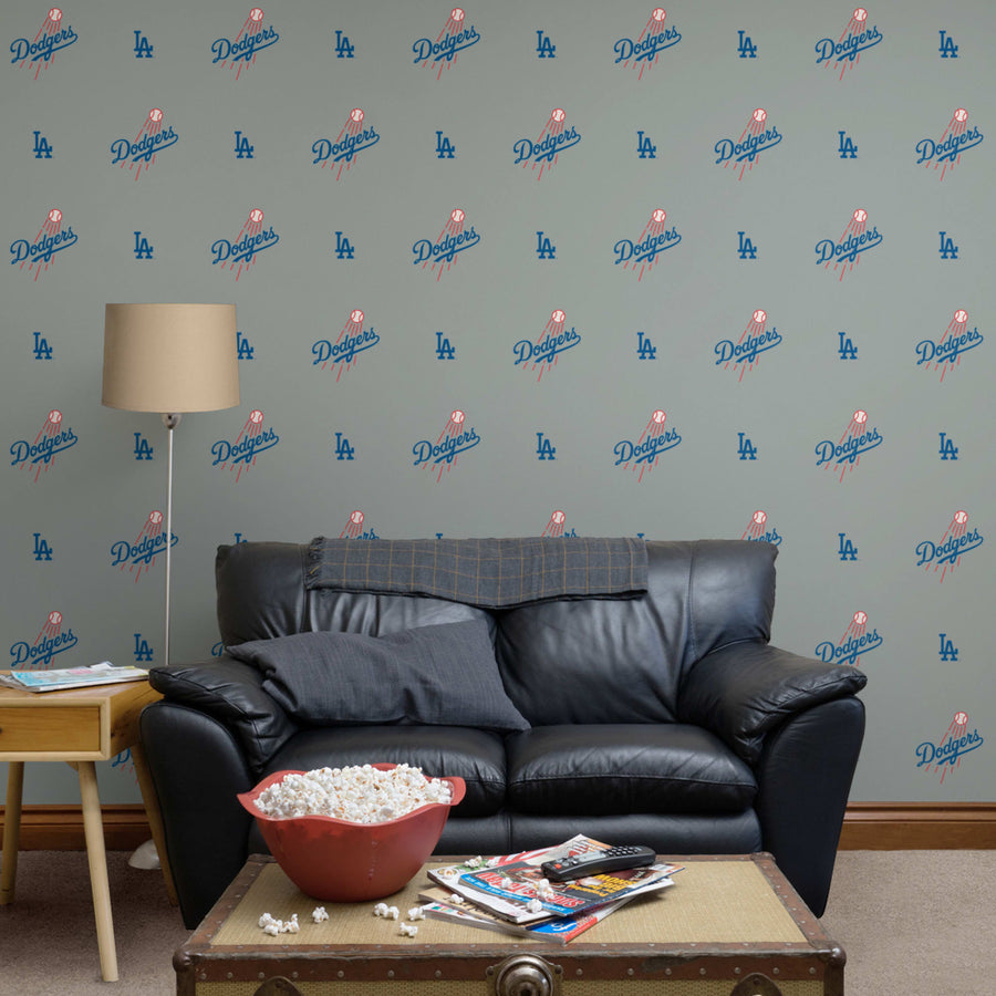 Los Angeles Dodgers (Gray) - Logo Pattern - Peel & Stick Wallpaper - Official MLB - Reusable Vinyl Wall Decals