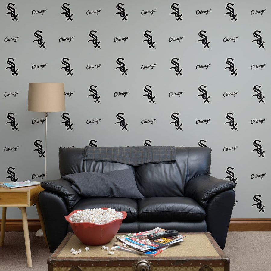 Chicago White Sox (Gray) - Logo Pattern - Peel & Stick Wallpaper - Official MLB - Reusable Vinyl Wall Decals