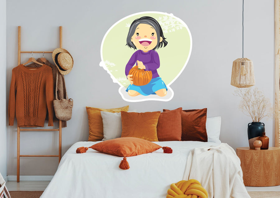 Seasons Decor: Autumn Girl with Pumpkin Icon        -   Removable Wall   Adhesive Decal