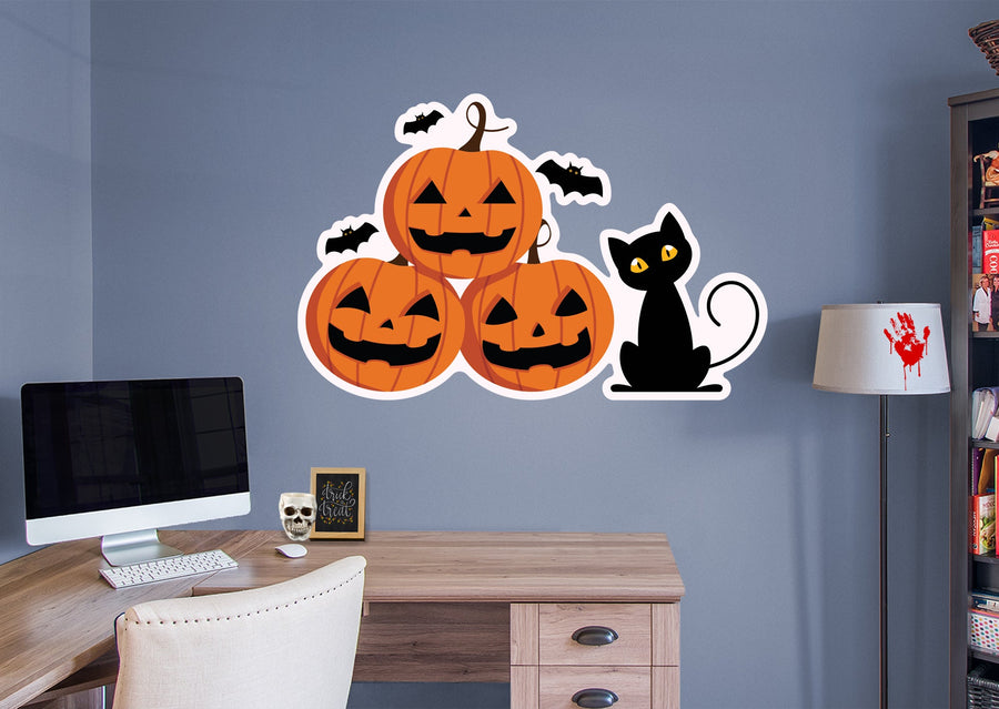 Halloween:  Pumpkins and Black Cat Icon        -   Removable Wall   Adhesive Decal