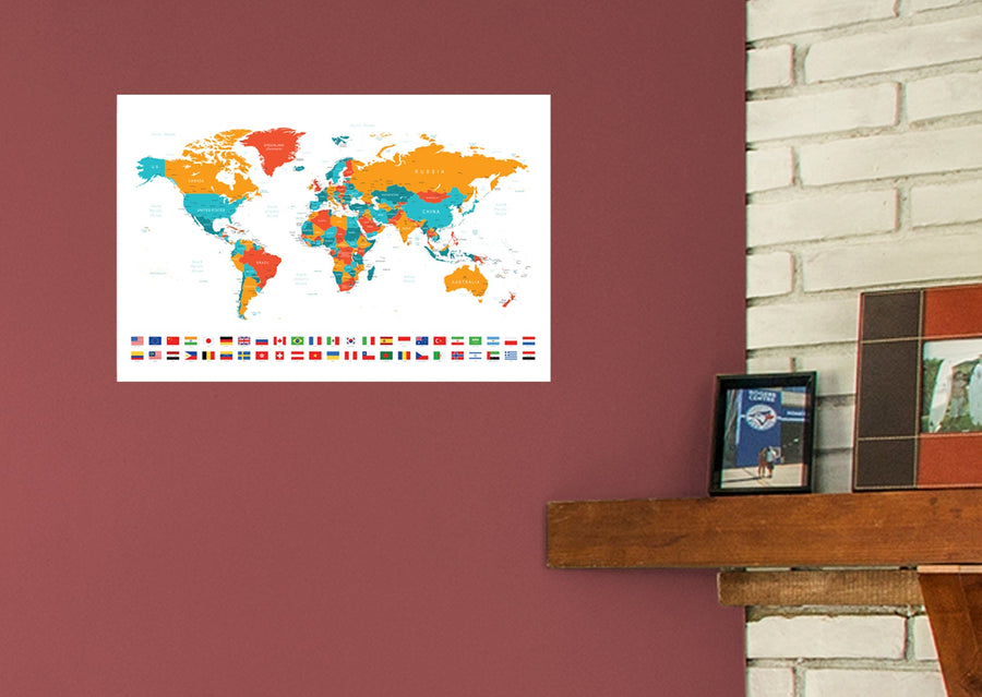 World Maps:  Colored Map and Flags        -   Removable Wall   Adhesive Decal