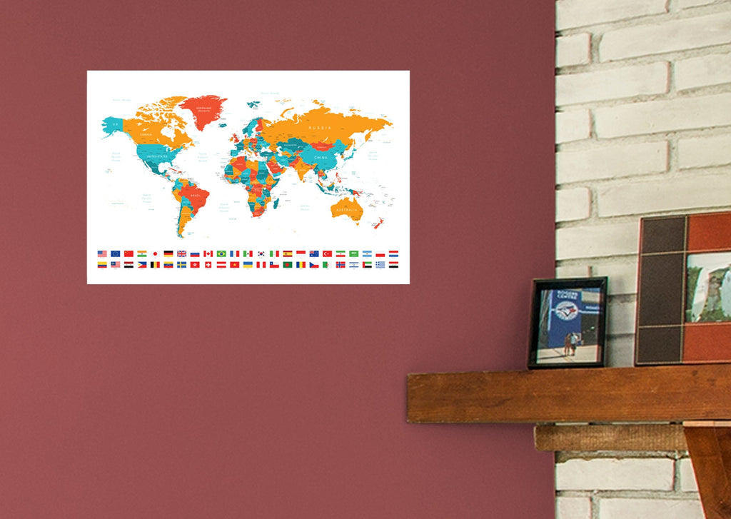 Color World Map Sticker World Maps: Colored Map and Flags - Removable Wall Adhesive Decal – Fathead