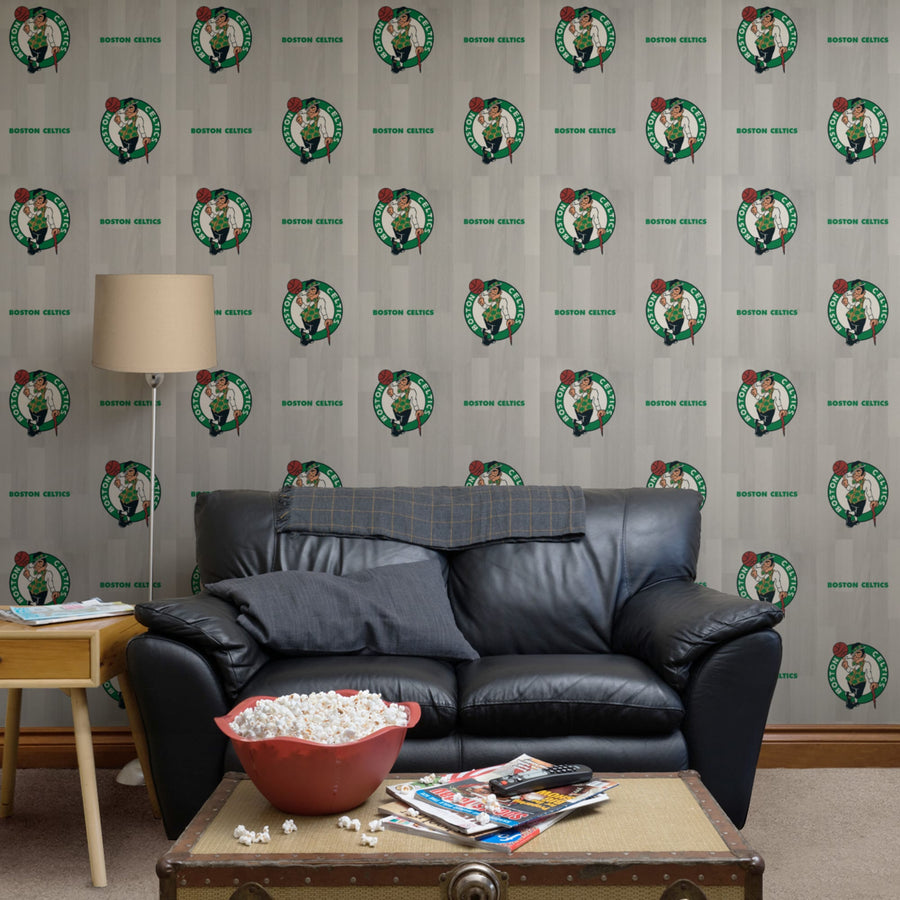 Boston Celtics (Gray) - Hardwood Pattern - Peel & Stick Wallpaper - Official NBA - Reusable Vinyl Wall Decals