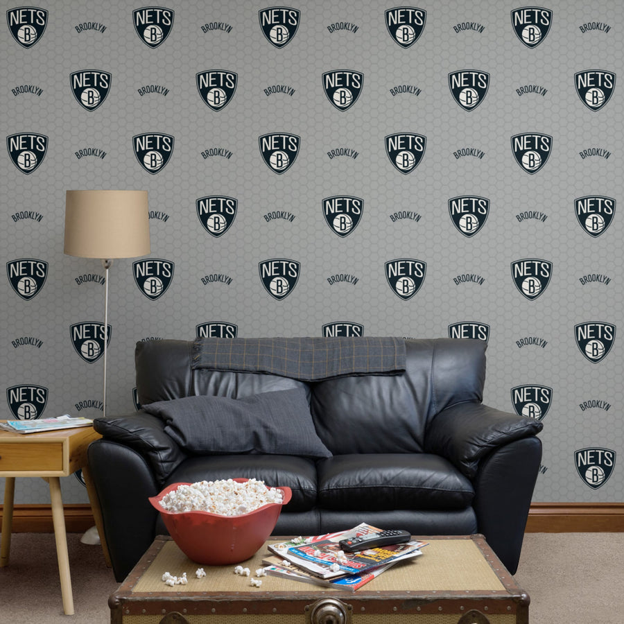 Brooklyn Nets (Gray) - Logo Pattern - Peel & Stick Wallpaper - Official NBA - Reusable Vinyl Wall Decals