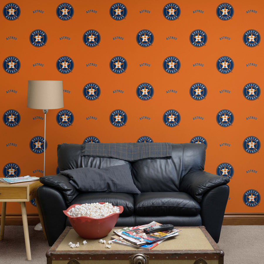 Houston Astros (Orange) - Logo Pattern - Peel & Stick Wallpaper - Official MLB - Reusable Vinyl Wall Decals