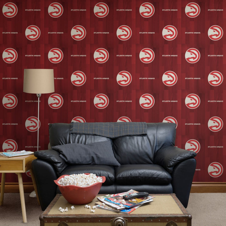 Atlanta Hawks (Red) - Hardwood Pattern - Peel & Stick Wallpaper - Official NBA - Reusable Vinyl Wall Decals