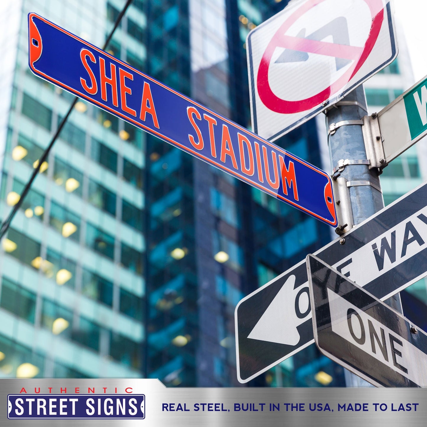 New York Mets Steel Street Sign-SHEA STADIUM on Blue