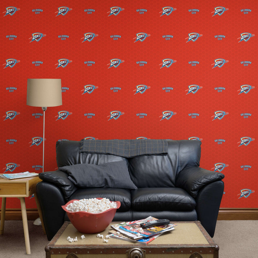 Oklahoma City Thunder (Orange) - Logo Pattern - Peel & Stick Wallpaper - Official NBA - Reusable Vinyl Wall Decals