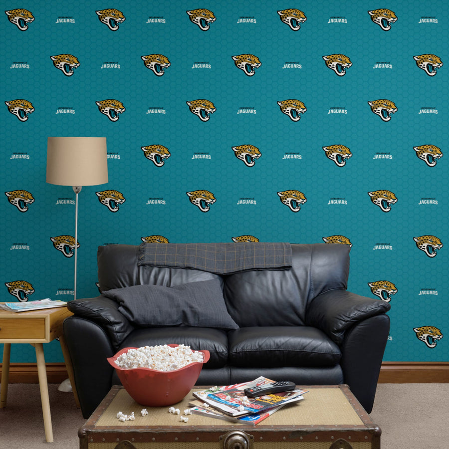 Jacksonville Jaguars (Teal) - Logo Pattern - Peel & Stick Wallpaper - Official NFL - Reusable Vinyl Wall Decals