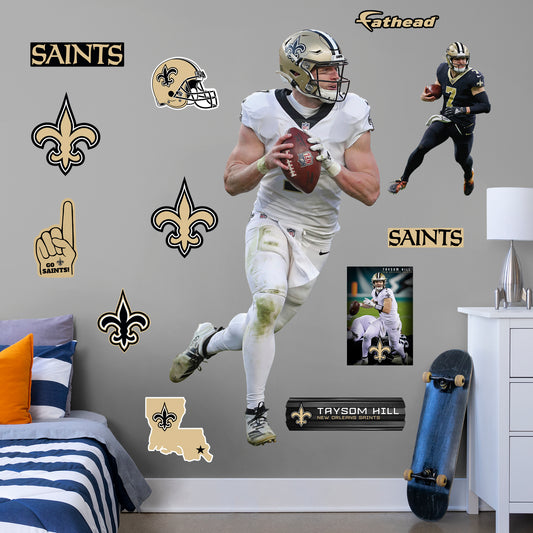 Life-Size Athlete + 12 Decals (39"W x 77"H) Bring the action of the NFL into your home with a wall decal of Taysom Hill! High quality, durable, and tear resistant, you'll be able to stick and move it as many times as you want to create the ultimate football experience in any room!