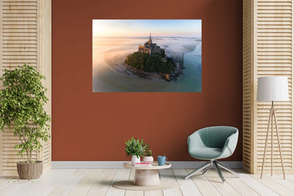 Popular Landmarks: Mont Saint-Michel Realistic Foggy Poster - Removable Adhesive Decal
