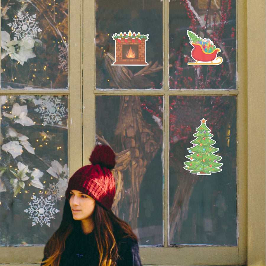 Christmas: Fireplace Window Clings - Removable Window Static Decal