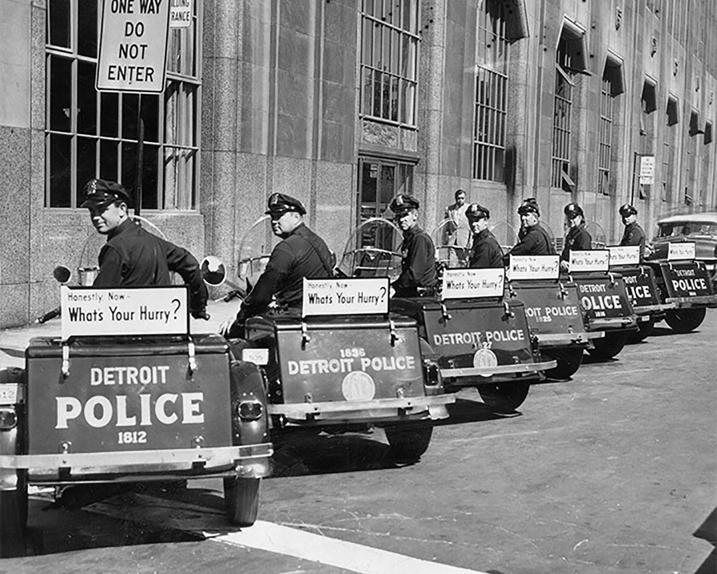 September 1958 Policemen bring messages on their three-wheel motorcycles - Officially Licensed Detroit News Canvas