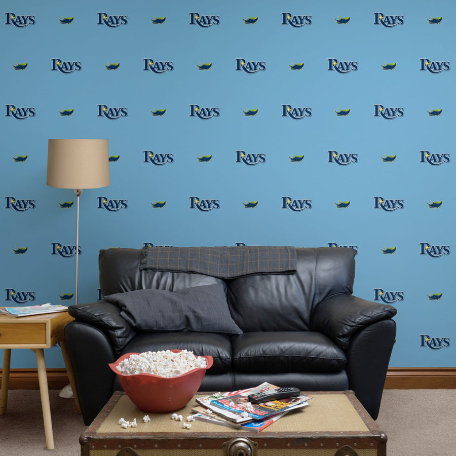 Tampa Bay Rays (Light Blue) - Logo Pattern - Peel & Stick Wallpaper - Official MLB - Reusable Vinyl Wall Decals