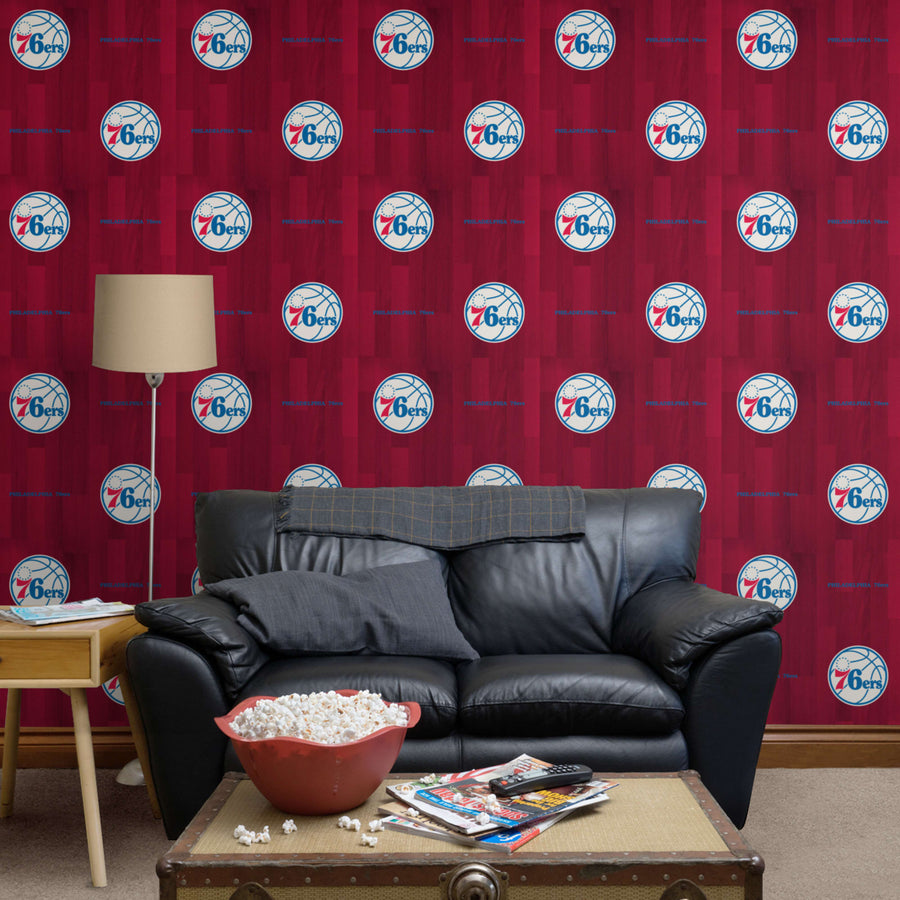 Philadelphia 76ers (Red) - Hardwood Pattern - Peel & Stick Wallpaper - Official NBA - Reusable Vinyl Wall Decals