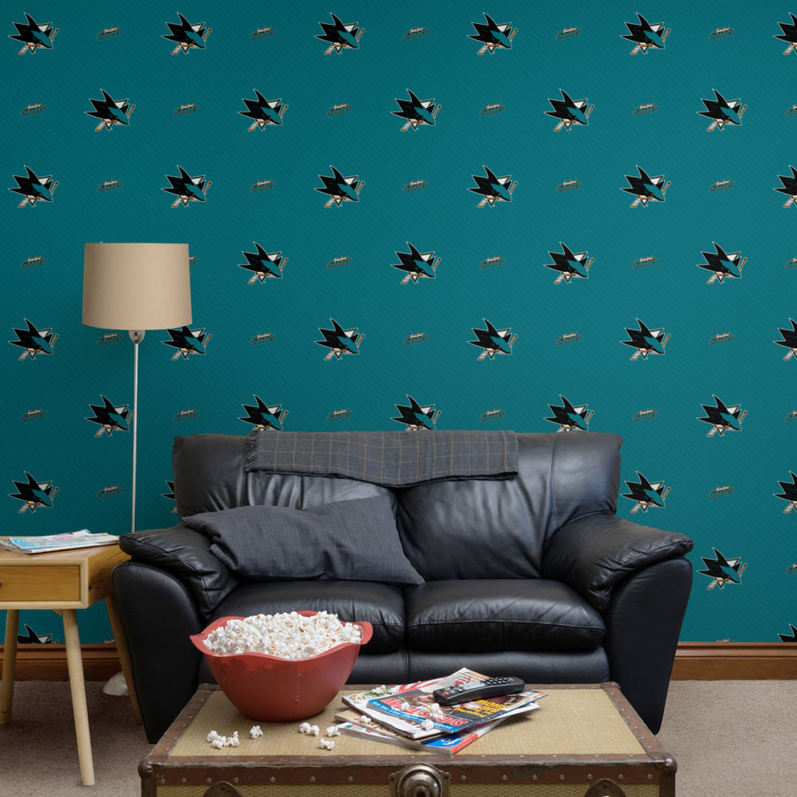 San Jose Sharks (Teal) - Stripes Pattern - Peel & Stick Wallpaper - Official NHL - Reusable Vinyl Wall Decals