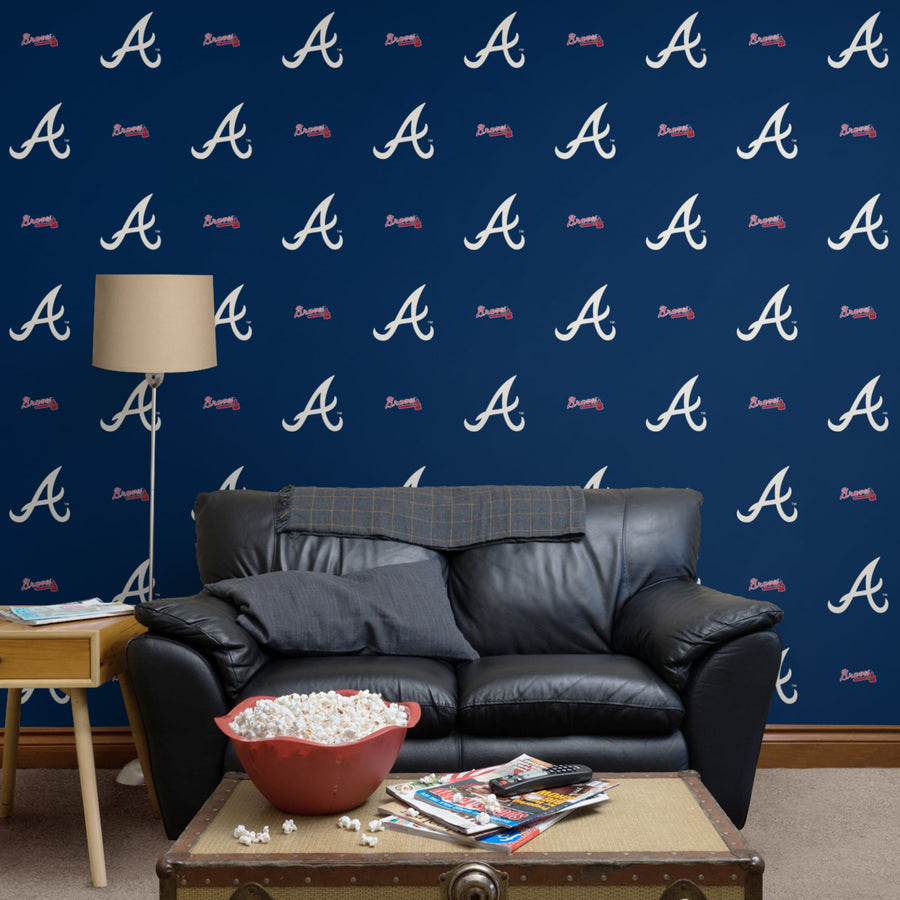 Atlanta Braves (Blue) - Logo Pattern - Peel & Stick Wallpaper - Official MLB - Reusable Vinyl Wall Decals
