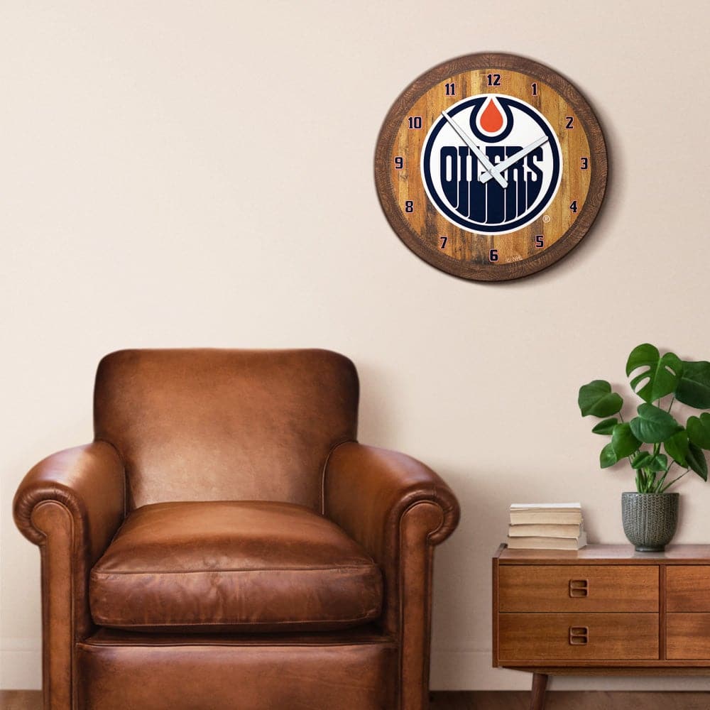 Edmonton Oilers: "Faux" Barrel Top Wall Clock - The Fan-Brand
