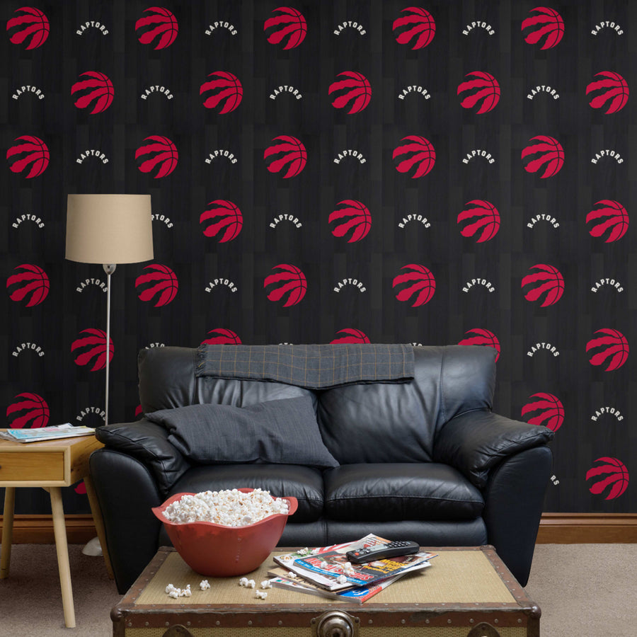 Toronto Raptors (Black) - Hardwood Pattern - Peel & Stick Wallpaper - Official NBA - Reusable Vinyl Wall Decals