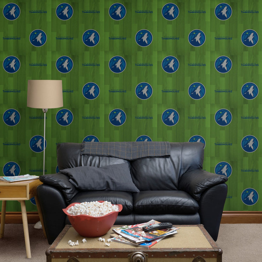 Minnesota Timberwolves (Green) - Hardwood Pattern - Peel & Stick Wallpaper - Official NBA - Reusable Vinyl Wall Decals