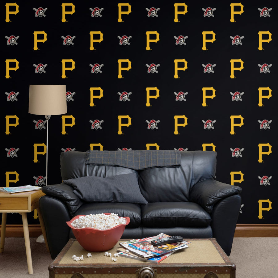 Pittsburgh Pirates (Black) - Logo Pattern - Peel & Stick Wallpaper - Official MLB - Reusable Vinyl Wall Decals