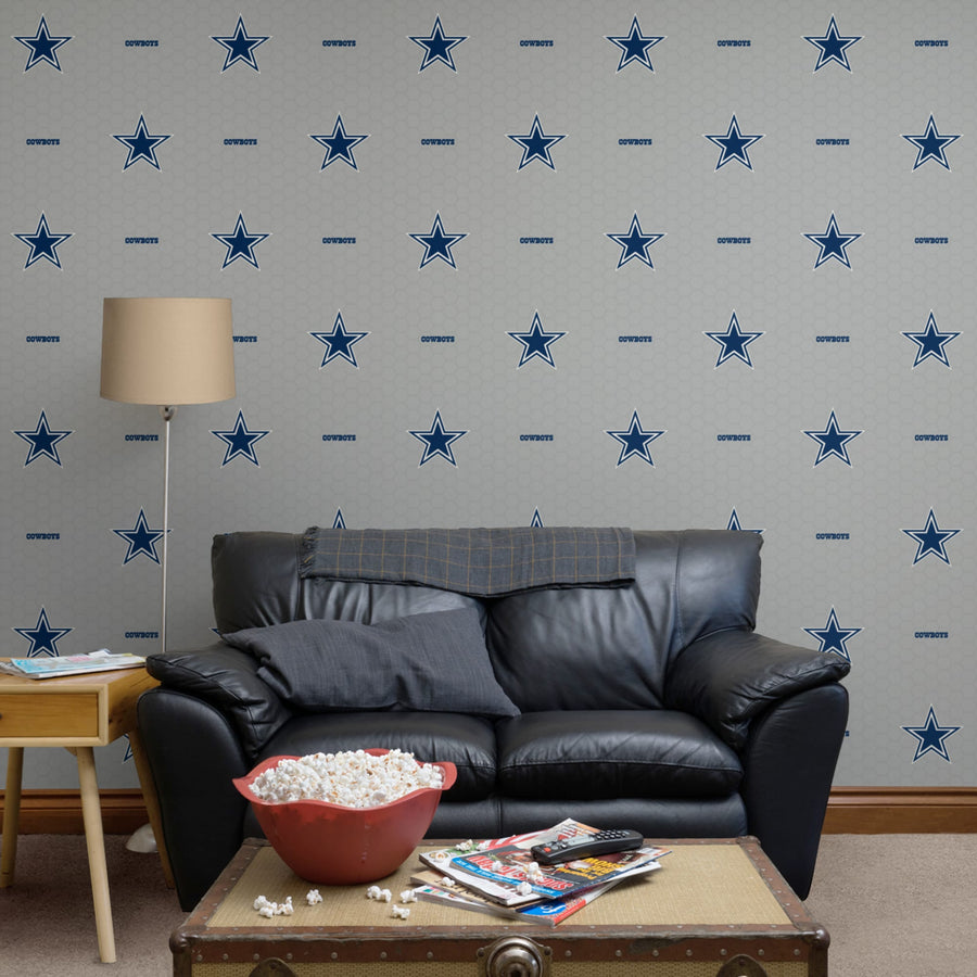 Dallas Cowboys (Gray) - Logo Pattern - Peel & Stick Wallpaper - Official NFL - Reusable Vinyl Wall Decals