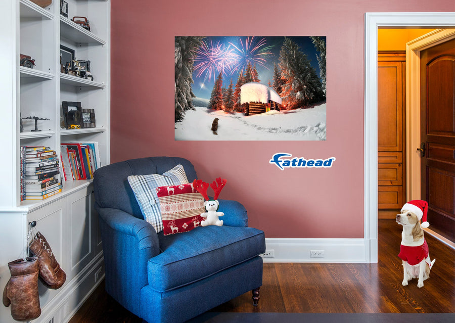Christmas: Dog Watching the Cabin Poster - Removable Adhesive Decal