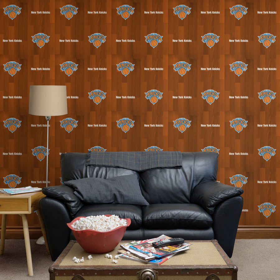 New York Knicks (Orange) - Hardwood Pattern - Peel & Stick Wallpaper - Official NBA - Reusable Vinyl Wall Decals