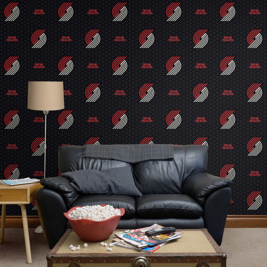 Portland Trail Blazers (Black) - Logo Pattern - Peel & Stick Wallpaper - Official NBA - Reusable Vinyl Wall Decals