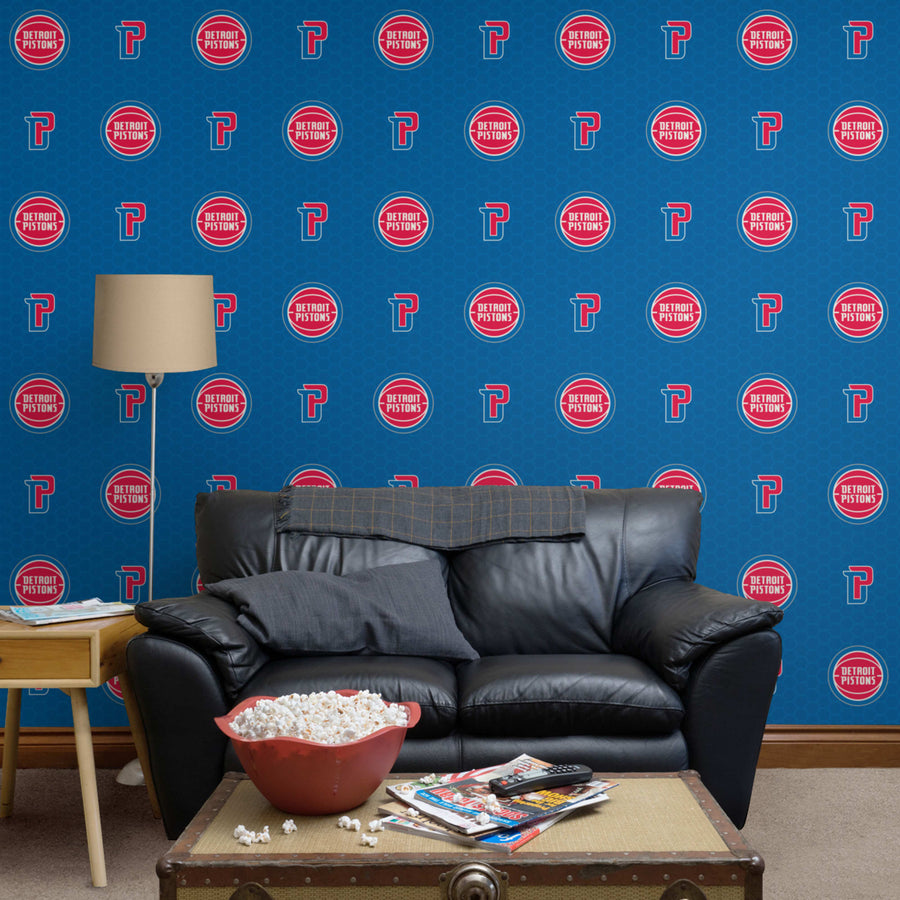 Detroit Pistons (Blue) - Logo Pattern - Peel & Stick Wallpaper - Official NBA - Reusable Vinyl Wall Decals