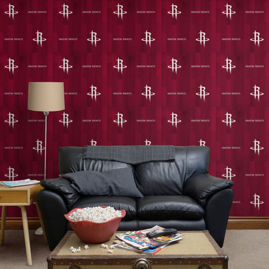 Houston Rockets (Red) - Hardwood Pattern - Peel & Stick Wallpaper - Official NBA - Reusable Vinyl Wall Decals