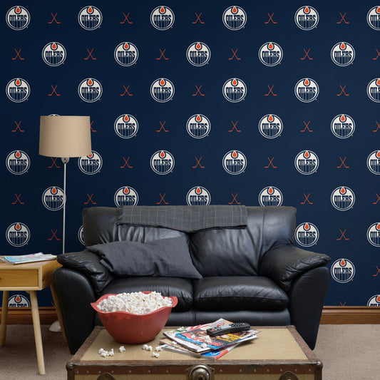 Edmonton Oilers (Blue): Sticks Pattern - Officially Licensed NHL Peel & Stick Wallpaper