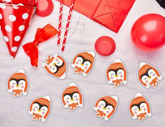 Sheet of 9 - Holiday:  Penguin with Red Scarf  Minis   Cardstock Cutout  -      Big Head