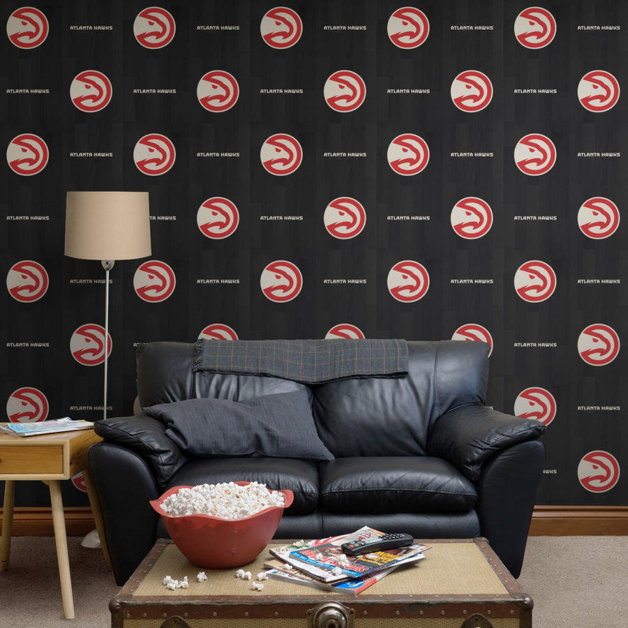 Atlanta Hawks (Black) - Hardwood Pattern - Peel & Stick Wallpaper - Official NBA - Reusable Vinyl Wall Decals