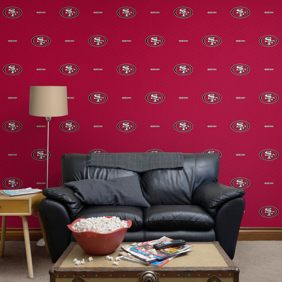 San Francisco 49ers (Red) - Logo Pattern - Peel & Stick Wallpaper - Official NFL - Reusable Vinyl Wall Decals