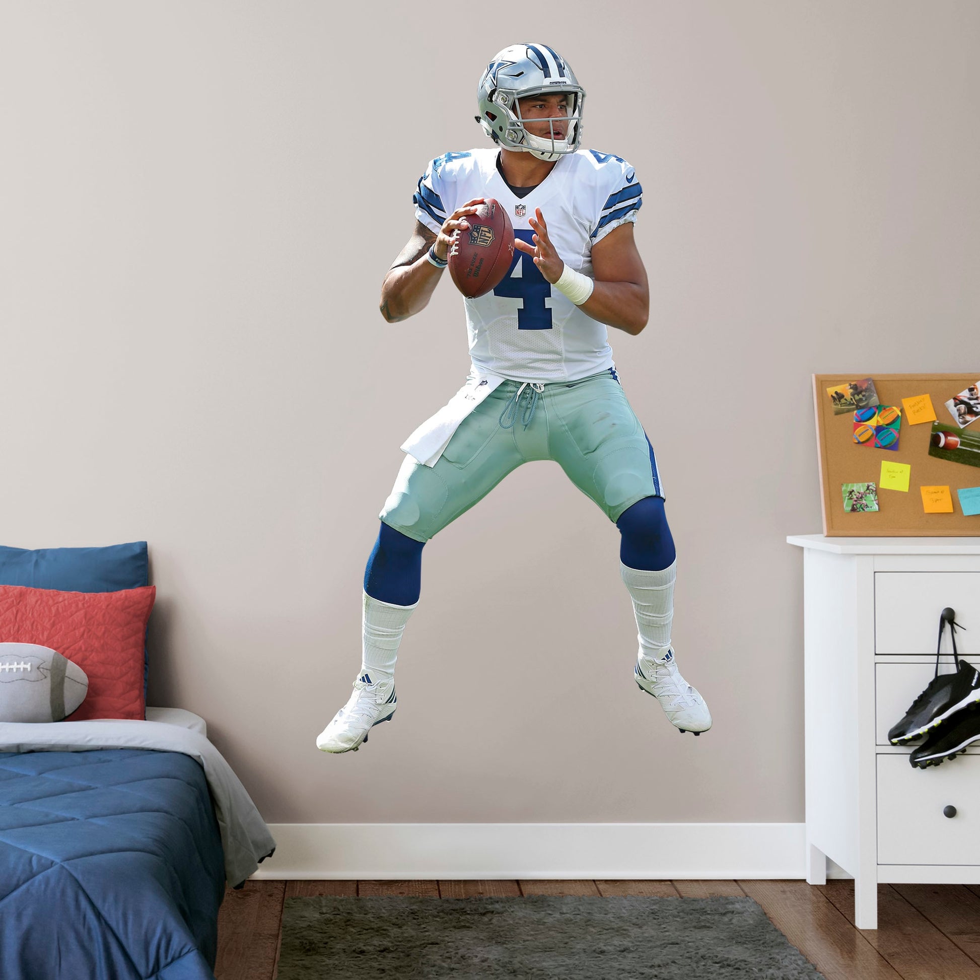 Life-Size Athlete + 2 Decals (43"W x 78"H) Make 4 your personal lucky number and remind yourself that anything is possible with a high-quality, life-sized Dak Prescott vinyl decal. Turn your favorite room, man cave, or playroom into Cowboys Stadium, complete with Prescott getting ready to throw for the touchdown. Count on this durable decal to be just as tough as your favorite quarterback - it's designed to be easily removed and reused over and over again.