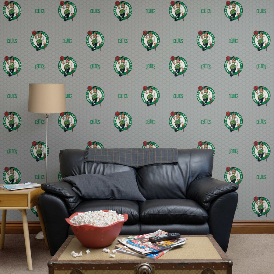 Boston Celtics (Gray) - Logo Pattern - Peel & Stick Wallpaper - Official NBA - Reusable Vinyl Wall Decals