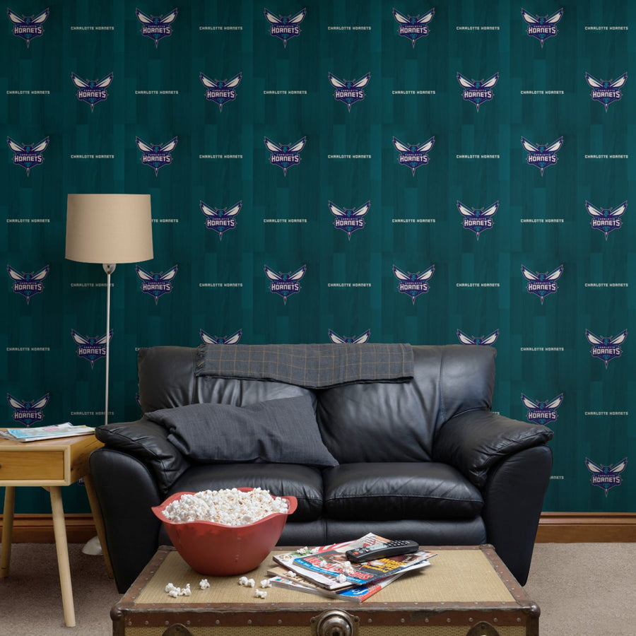 Charlotte Hornets (Teal) - Hardwood Pattern - Peel & Stick Wallpaper - Official NBA - Reusable Vinyl Wall Decals
