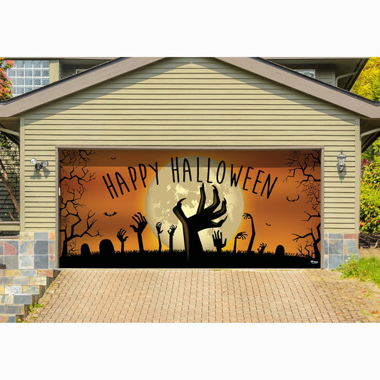 Happy Halloween: Graveyard Zombie Hands - Garage Door Banner