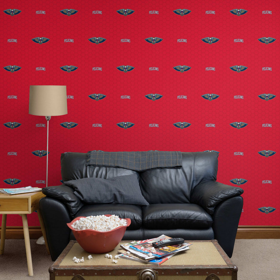 New Orleans Pelicans (Red) - Logo Pattern - Peel & Stick Wallpaper - Official NBA - Reusable Vinyl Wall Decals
