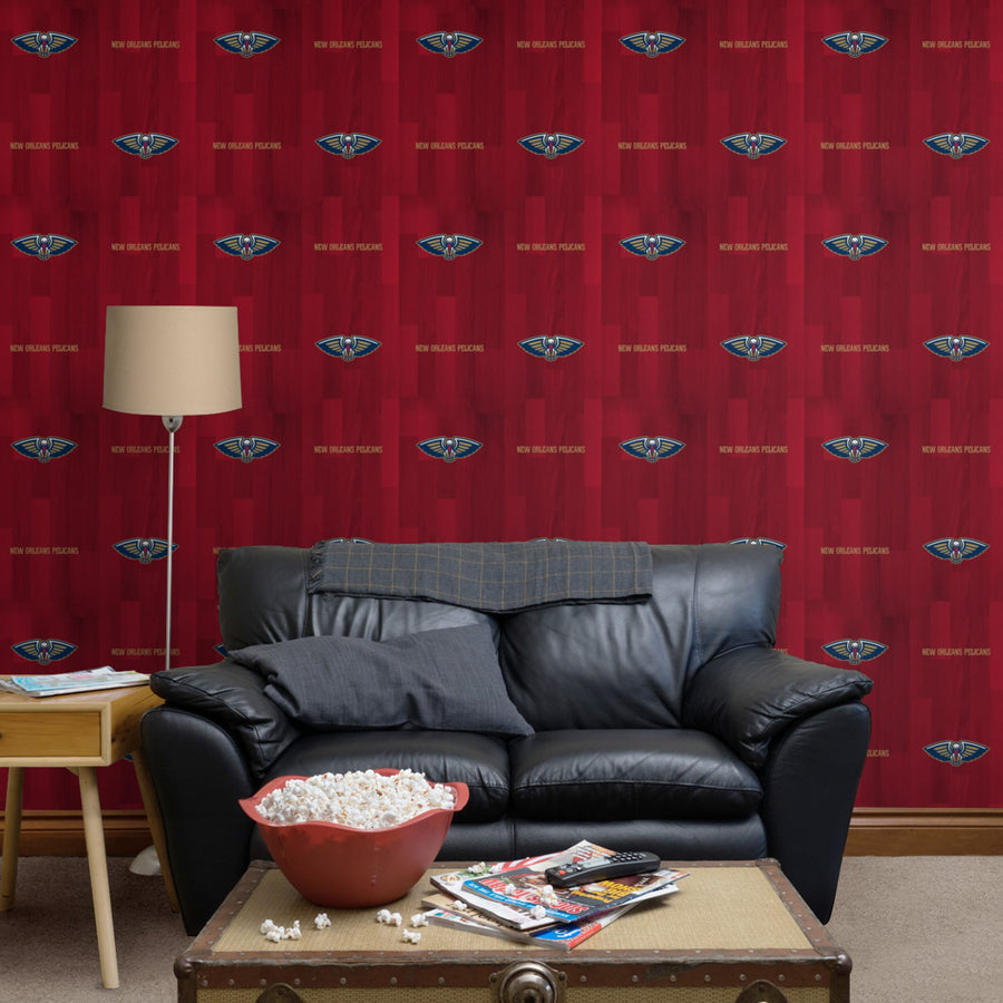 New Orleans Pelicans (Red) - Hardwood Pattern - Peel & Stick Wallpaper - Official NBA - Reusable Vinyl Wall Decals
