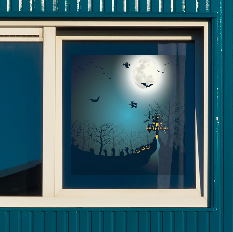 Halloween:  Castle on the Hill Window Clings        -   Removable Window   Static Decal