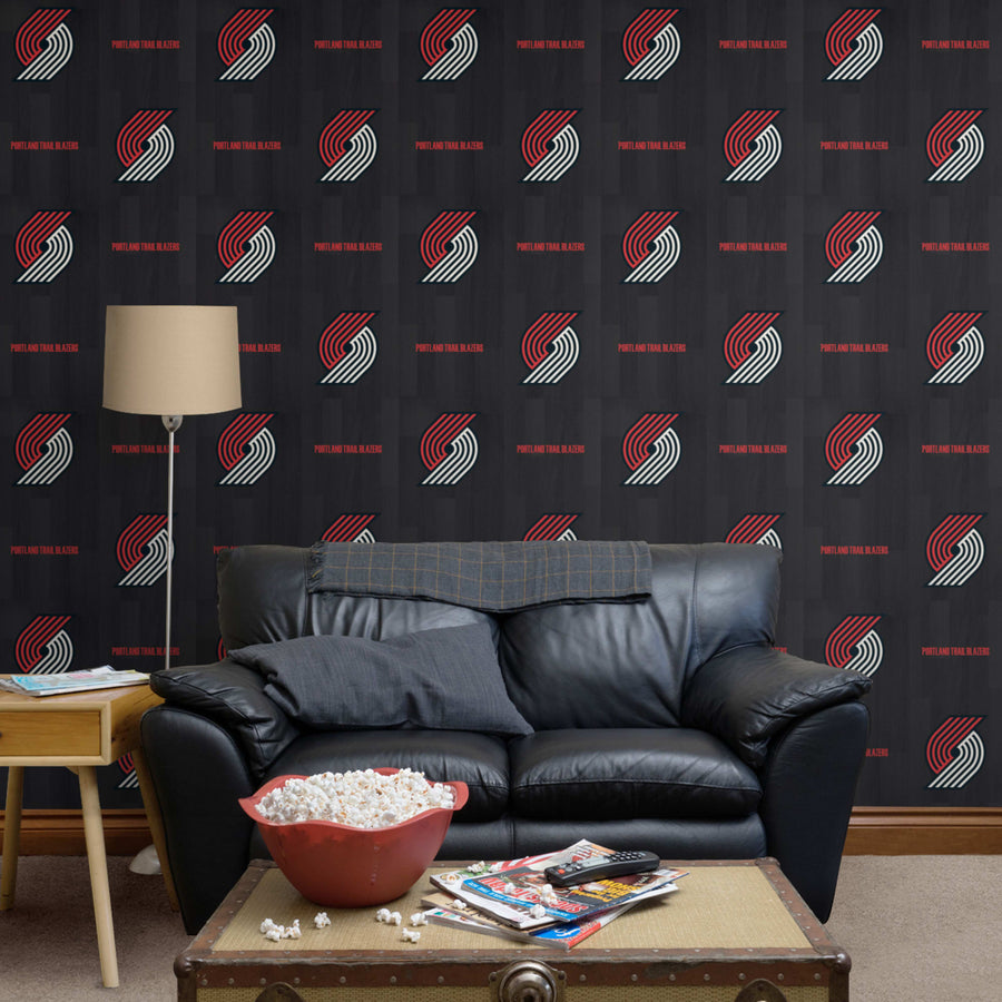 Portland Trail Blazers (Black) - Hardwood Pattern - Peel & Stick Wallpaper - Official NBA - Reusable Vinyl Wall Decals